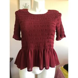 NWOT Torrid Size 0 Short Sleeve Dark Red Peplum Top Ruched Round Neck